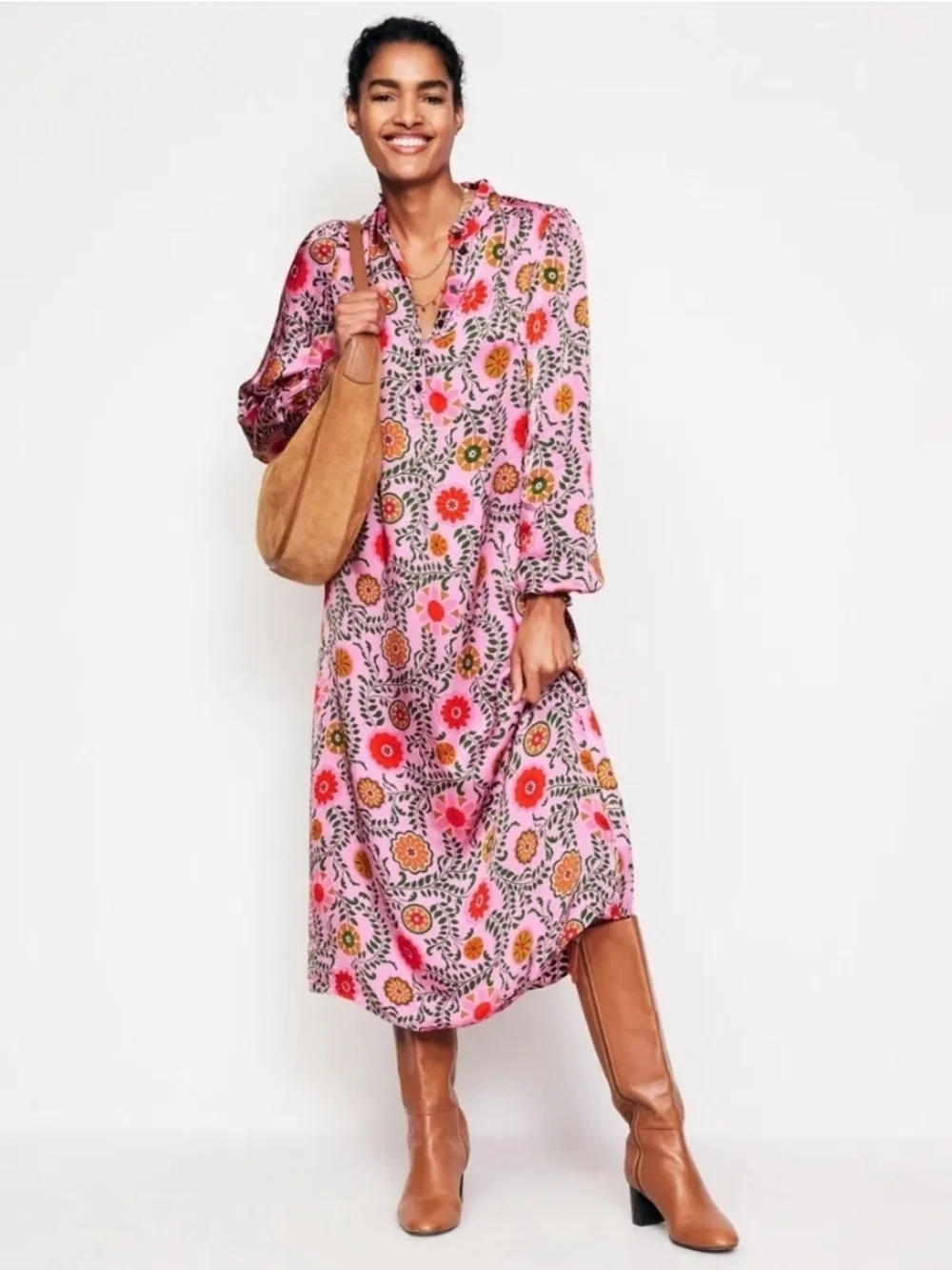 Boden Pink Floral Belted Midi Satin Dress - Size 14 - Picture 4 of 12